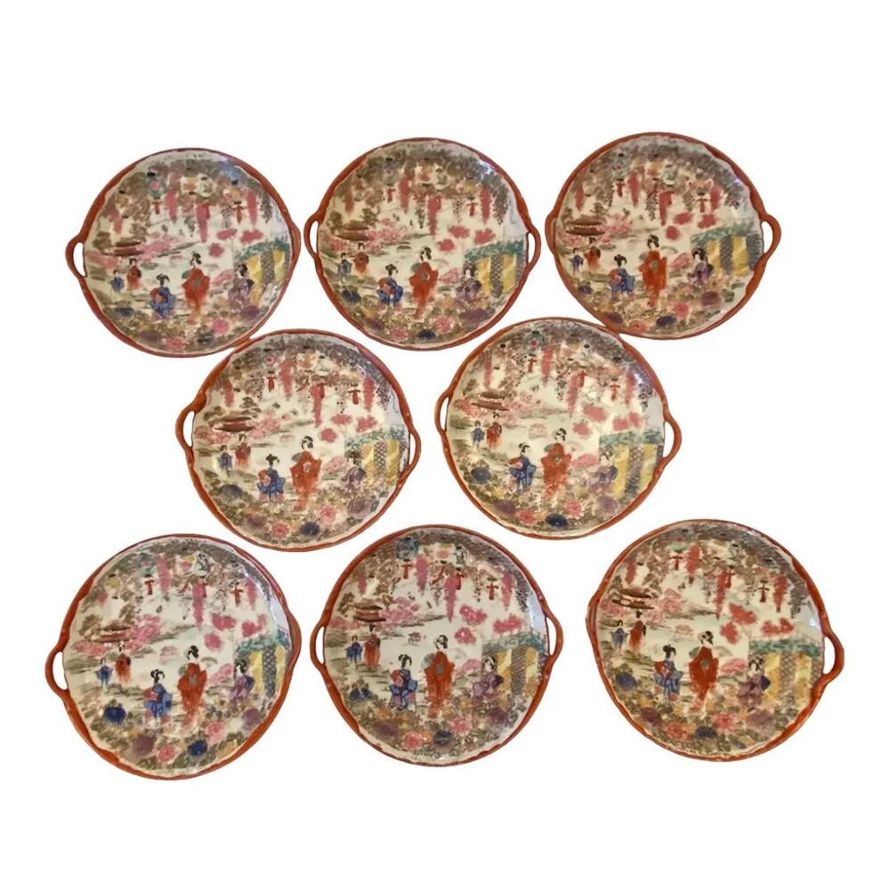 Vintage Chinoiserie Ceramic Handpainted Luncheon Hors D’Oeuvres Set of 8 Plates